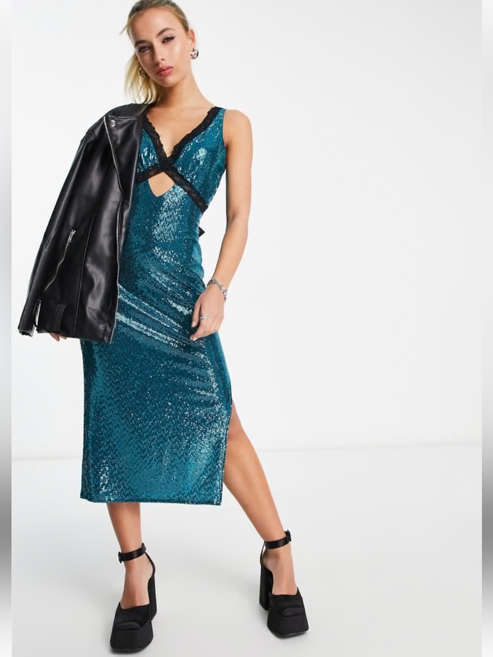Flounce midi sequin dress with contrasting lace trim-Blue size 12 NWT